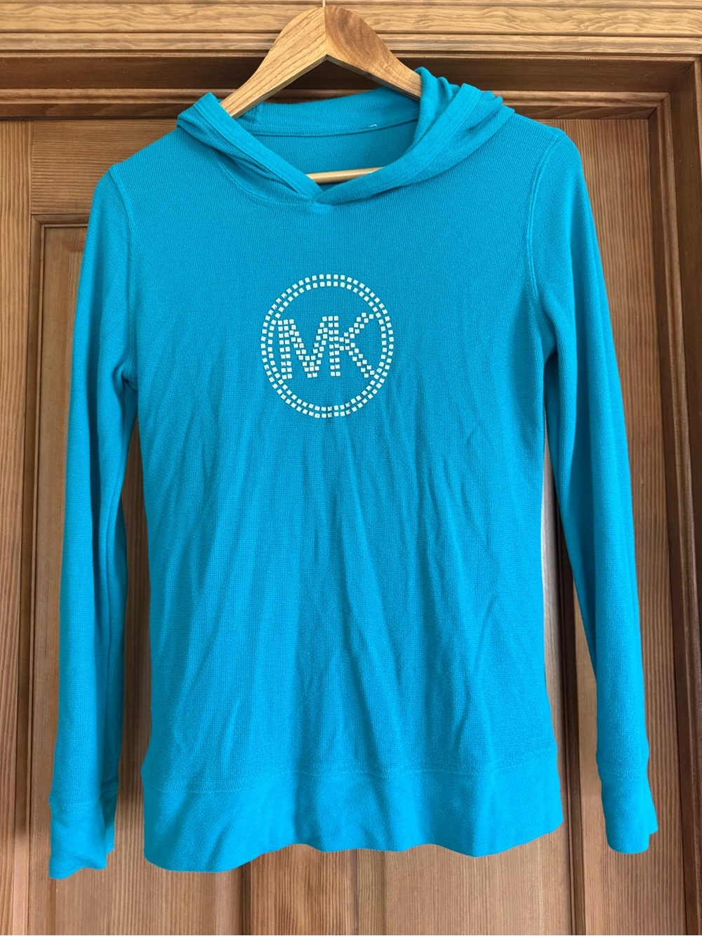 Michael Kors Teal Rhinestone Logo Hooded Long-Sleeve Top